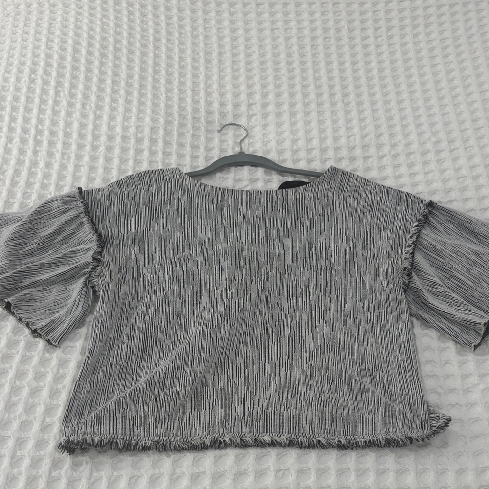 Moon River Black and White Striped Blouse with Fringed Sleeves